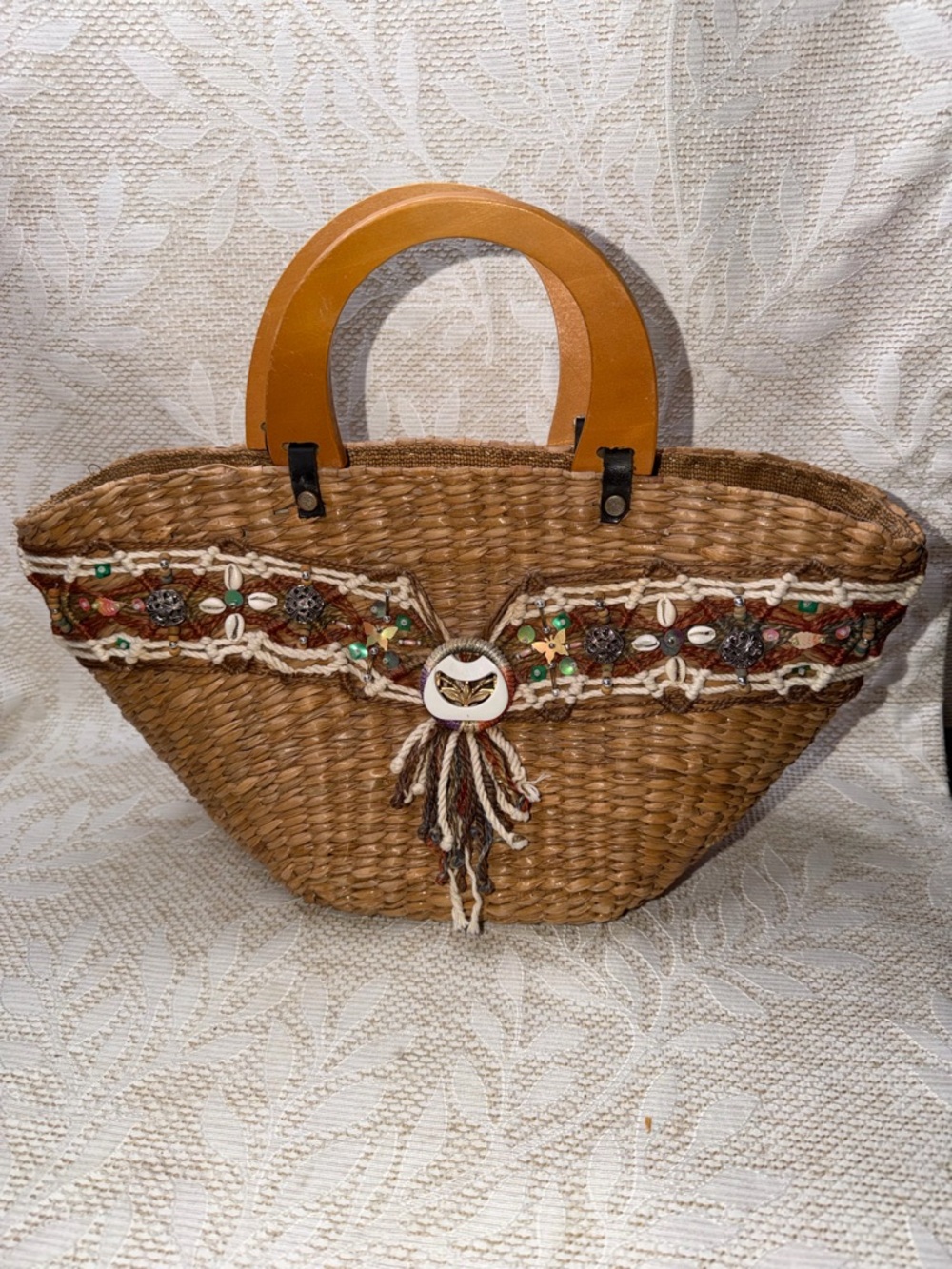 BOHO Woven Straw Tote Bag with Decorative Trim Shells- Tan
